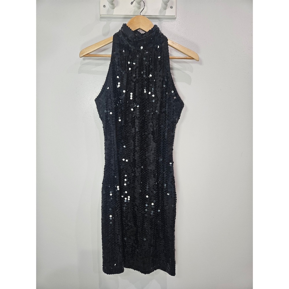 Nite Line Black Sequin Halter Mini Dress Open Back Size 12 Mock Neck Cocktail